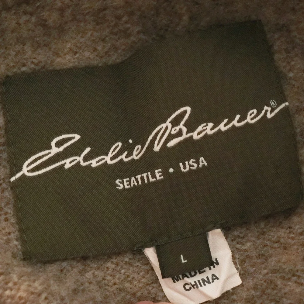 VTG Eddie Bauer Sweater Mens L 100% Lambswool Shawl Collar Academia Tan Heather